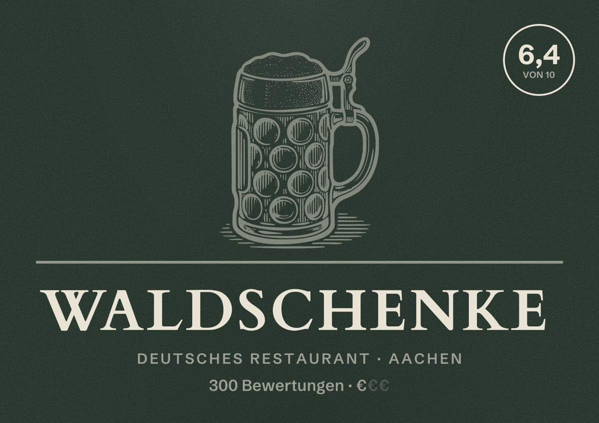 Illustriertes Poster von Waldschenke, Deutsches Restaurant in Aachen: Bewertung 6,4 von 10 aus 300 Bewertungen, Preisniveau €