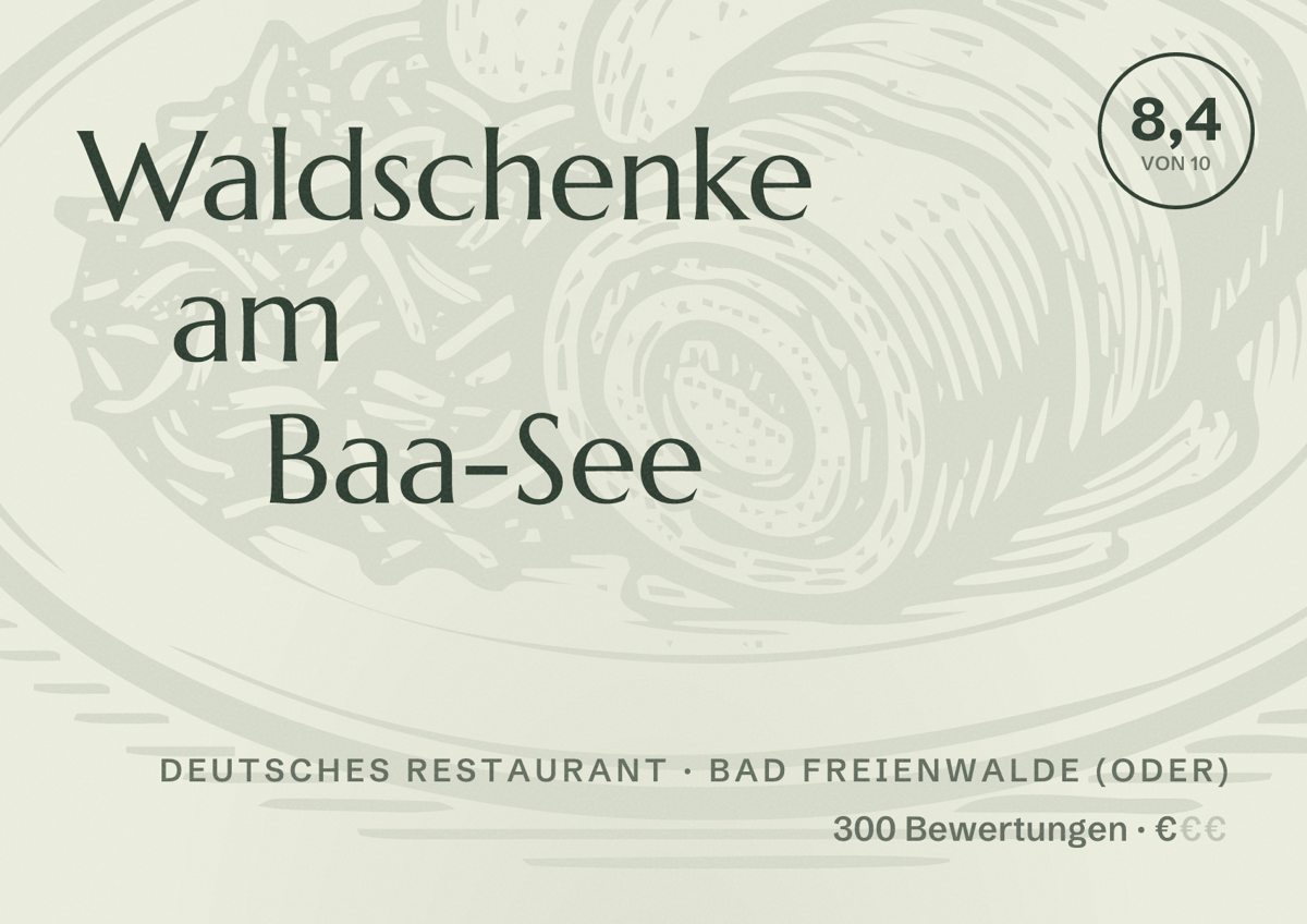 Illustriertes Poster von Waldschenke am Baa-See, Deutsches Restaurant in Bad Freienwalde (Oder): Bewertung 8,4 von 10 aus 300 Bewertungen, Preisniveau €