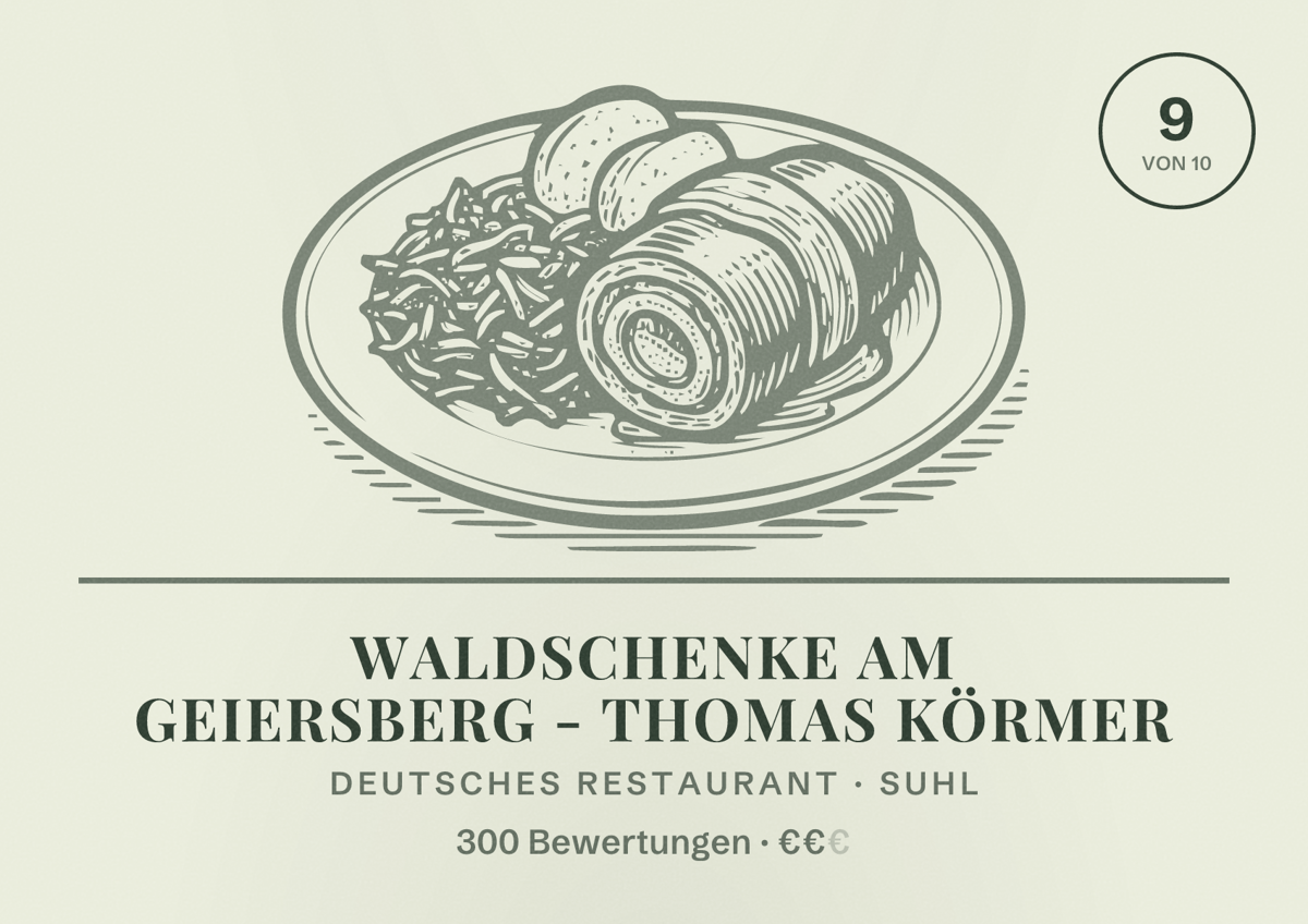 Illustriertes Poster von Waldschenke am Geiersberg - Thomas Körmer, Deutsches Restaurant in Suhl: Bewertung 9 von 10 aus 300 Bewertungen, Preisniveau €€