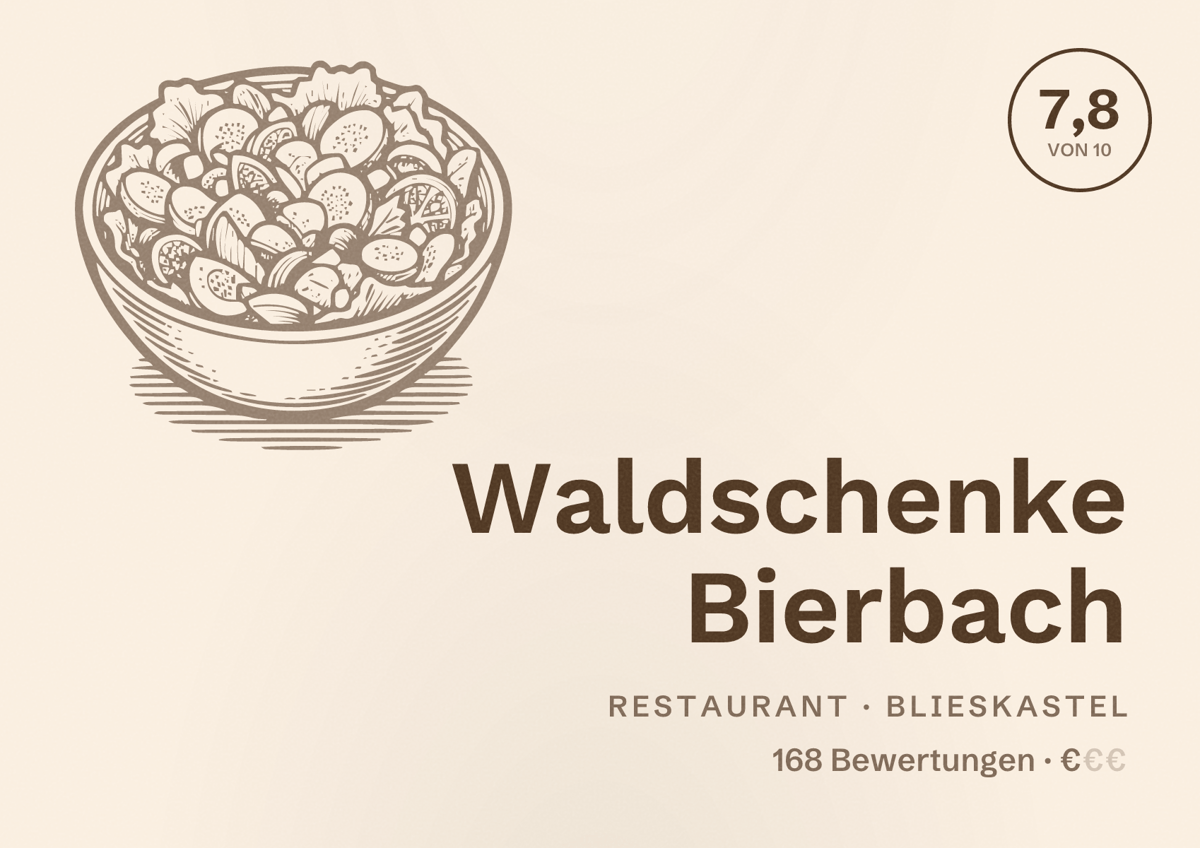 Illustriertes Poster von Waldschenke Bierbach, Restaurant in Blieskastel: Bewertung 7,8 von 10 aus 168 Bewertungen, Preisniveau €