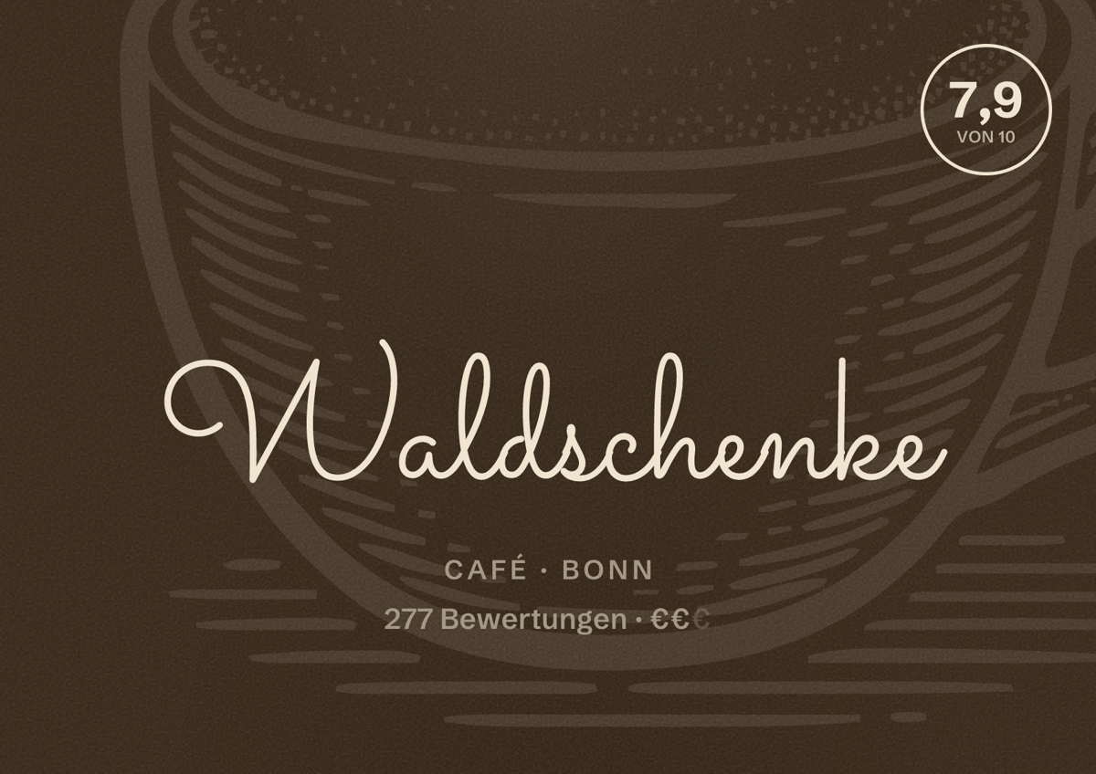 Illustriertes Poster von Waldschenke, Café in Bonn: Bewertung 7,9 von 10 aus 277 Bewertungen, Preisniveau €€