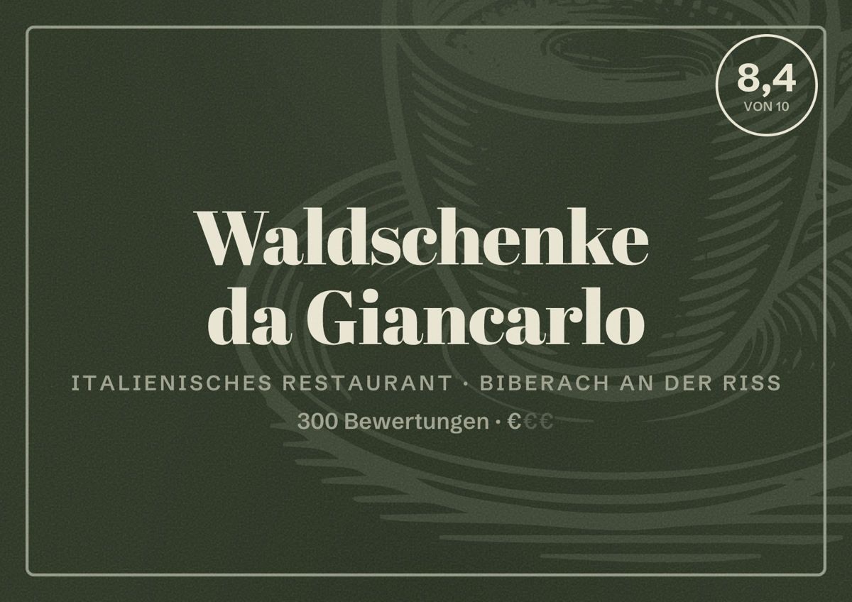 Illustriertes Poster von Waldschenke da Giancarlo, Italienisches Restaurant in Biberach an der Riß: Bewertung 8,4 von 10 aus 300 Bewertungen, Preisniveau €