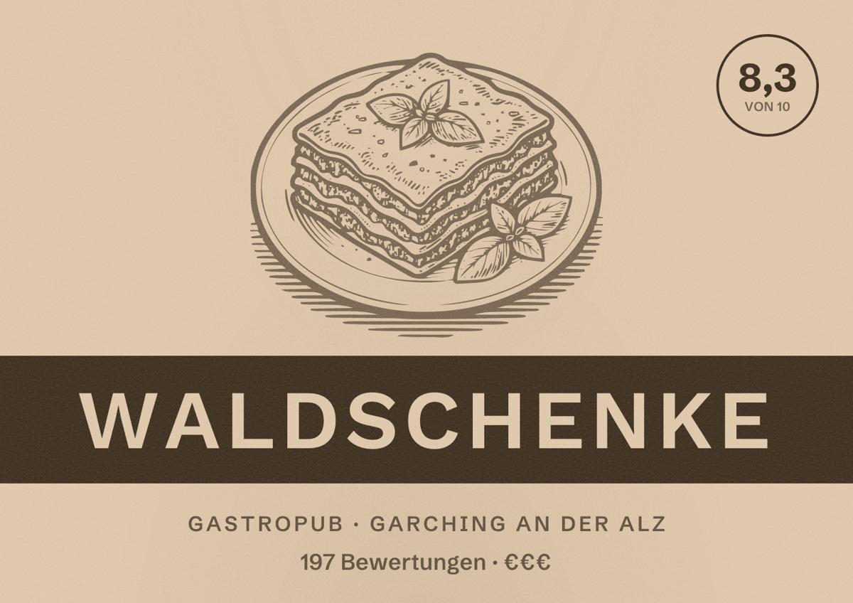 Illustriertes Poster von Waldschenke, Gastropub in Garching an der Alz: Bewertung 8,3 von 10 aus 197 Bewertungen, Preisniveau €€€