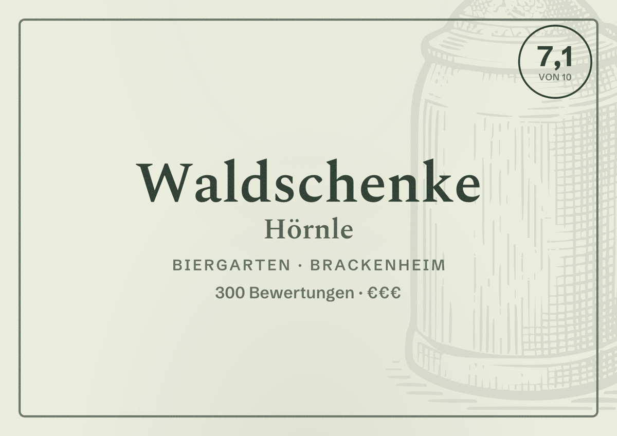 Illustriertes Poster von Waldschenke Hörnle, Biergarten in Brackenheim: Bewertung 7,1 von 10 aus 300 Bewertungen, Preisniveau €€€