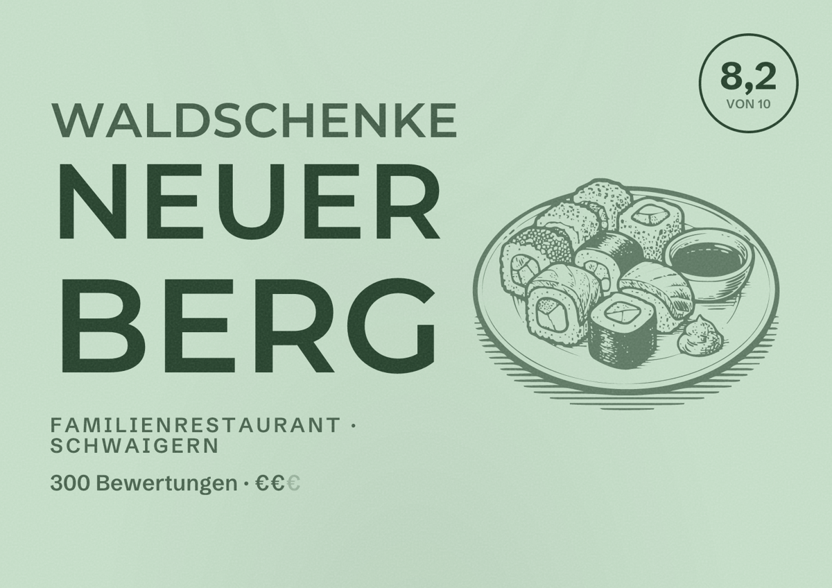 Illustriertes Poster von Waldschenke Neuer Berg, Familienrestaurant in Schwaigern: Bewertung 8,2 von 10 aus 300 Bewertungen, Preisniveau €€