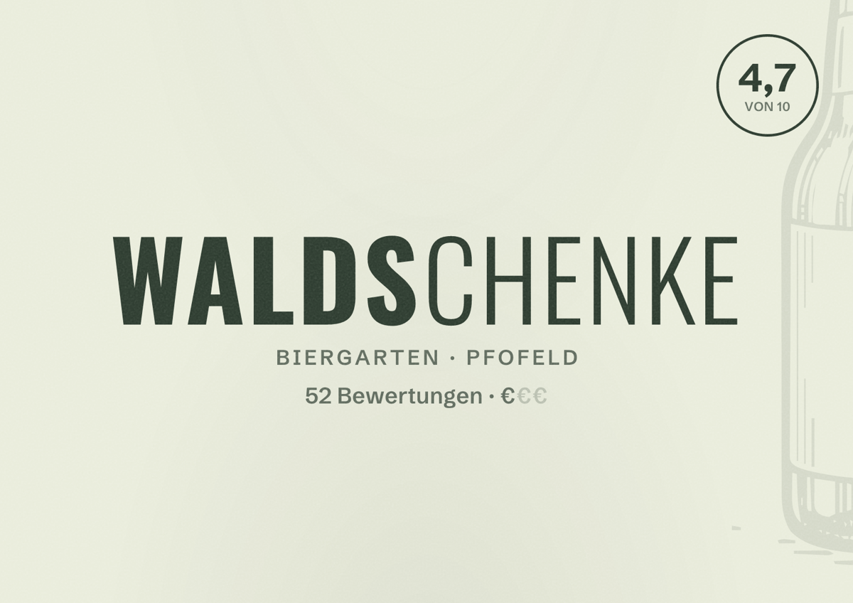 Illustriertes Poster von Waldschenke, Biergarten in Pfofeld: Bewertung 4,7 von 10 aus 52 Bewertungen, Preisniveau €
