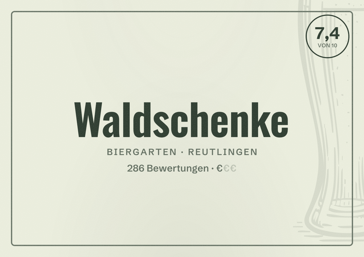 Illustriertes Poster von Waldschenke, Biergarten in Reutlingen: Bewertung 7,4 von 10 aus 286 Bewertungen, Preisniveau €