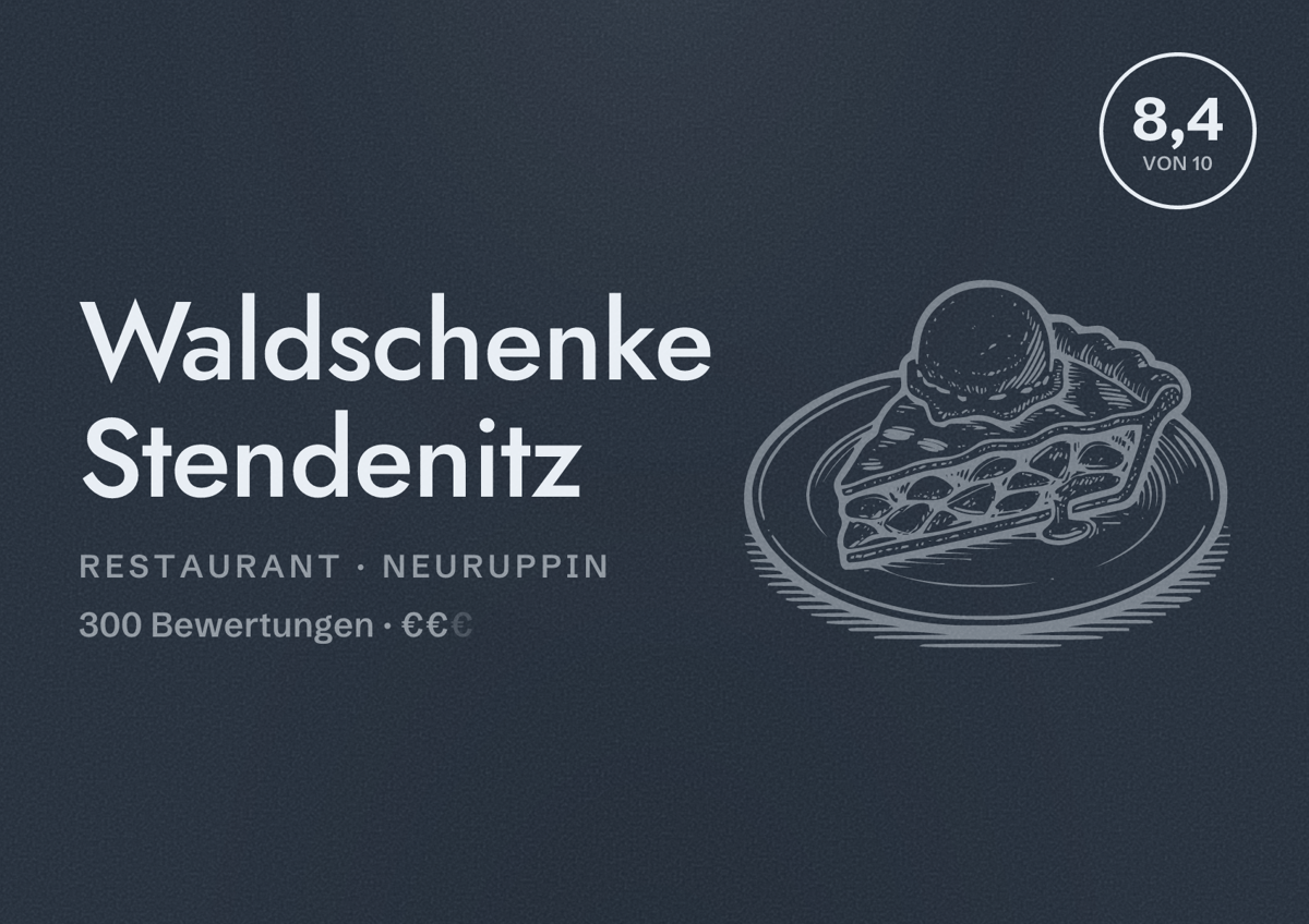 Illustriertes Poster von Waldschenke Stendenitz, Restaurant in Neuruppin: Bewertung 8,4 von 10 aus 300 Bewertungen, Preisniveau €€
