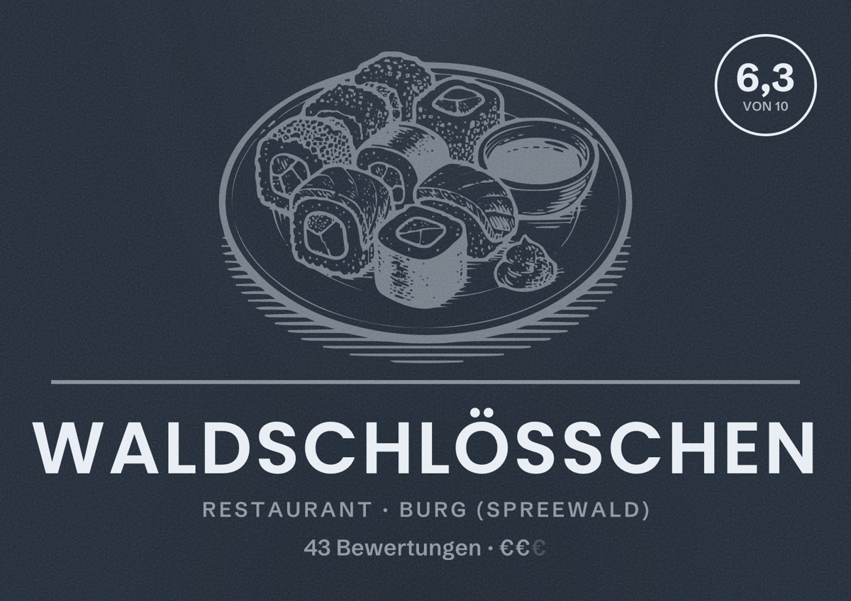 Illustriertes Poster von Waldschlößchen, Restaurant in Burg (Spreewald): Bewertung 6,3 von 10 aus 43 Bewertungen, Preisniveau €€