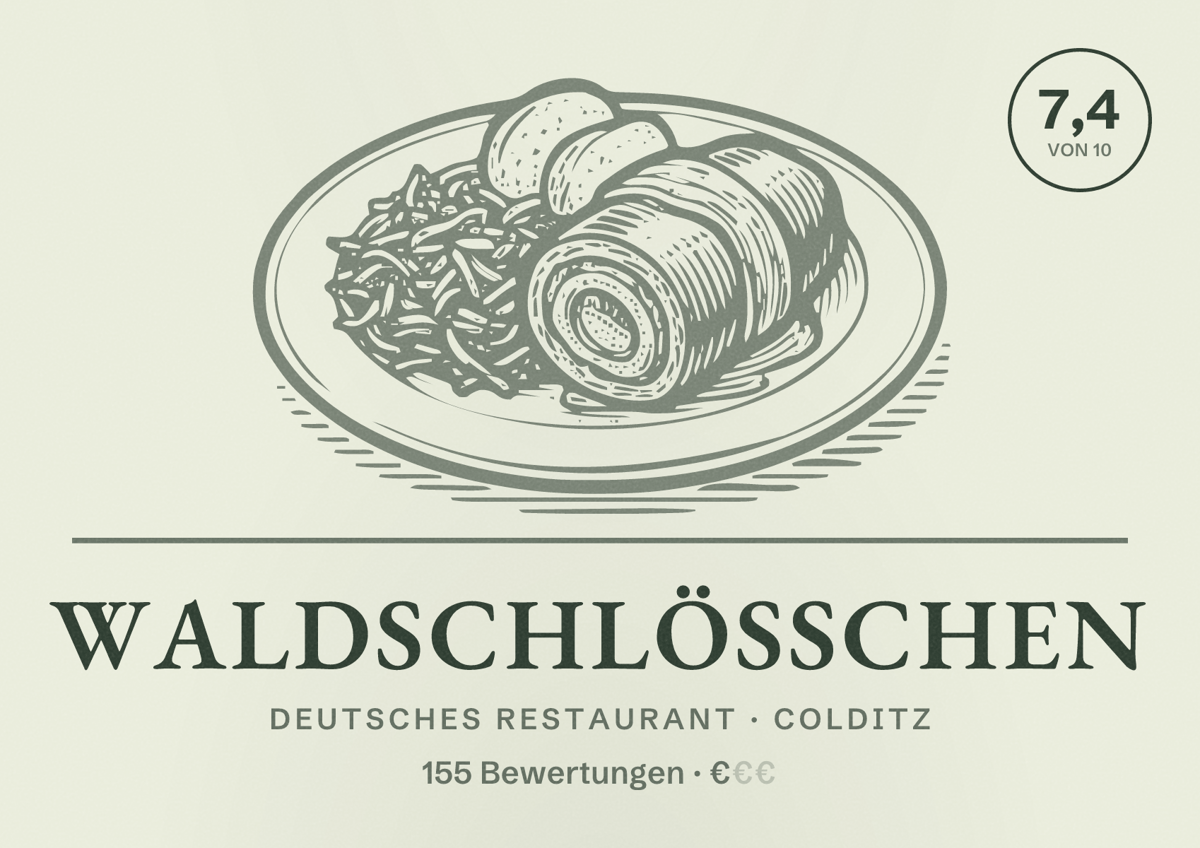 Illustriertes Poster von Waldschlößchen, Deutsches Restaurant in Colditz: Bewertung 7,4 von 10 aus 155 Bewertungen, Preisniveau €