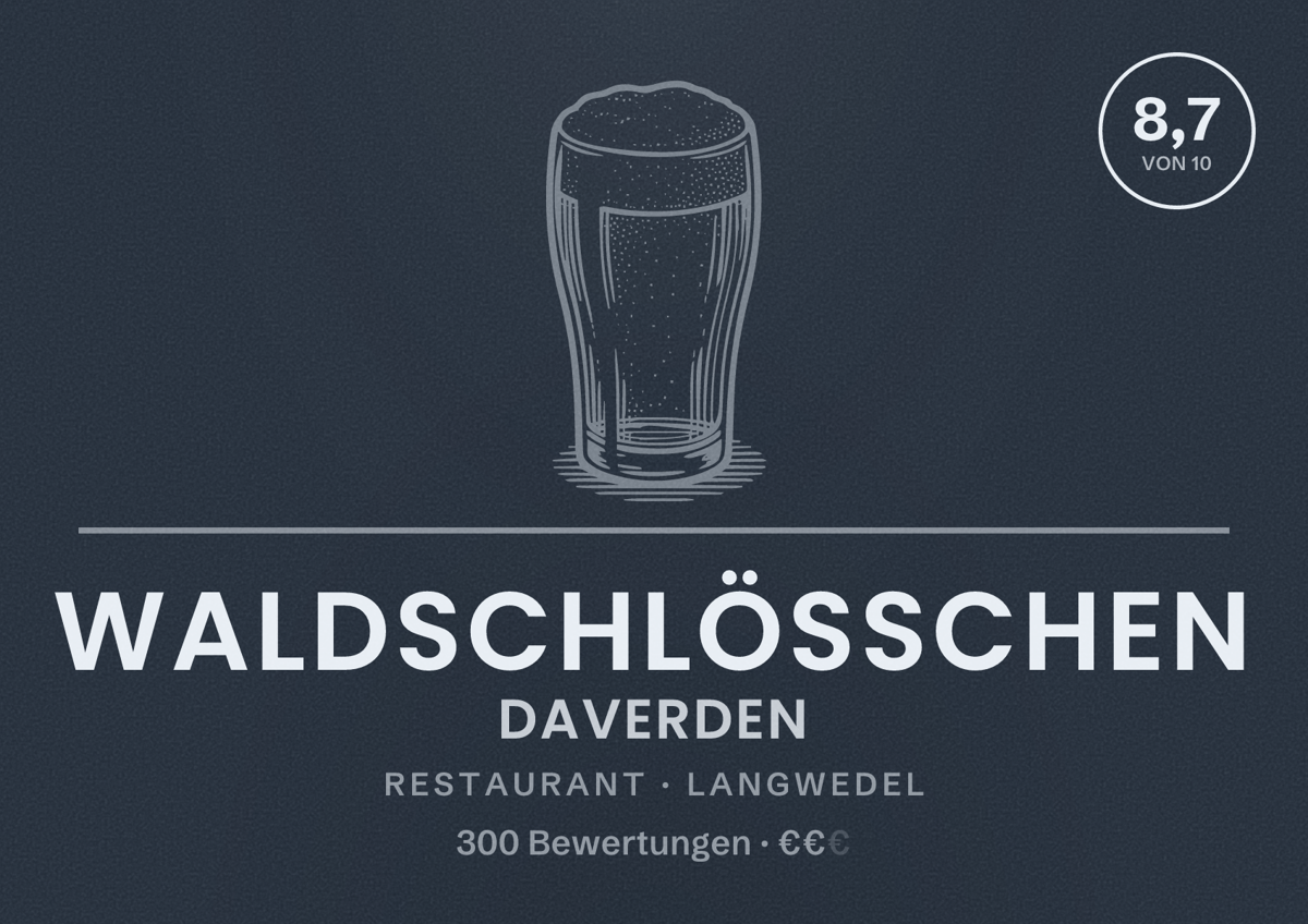 Illustriertes Poster von Waldschlößchen Daverden, Restaurant in Langwedel: Bewertung 8,7 von 10 aus 300 Bewertungen, Preisniveau €€