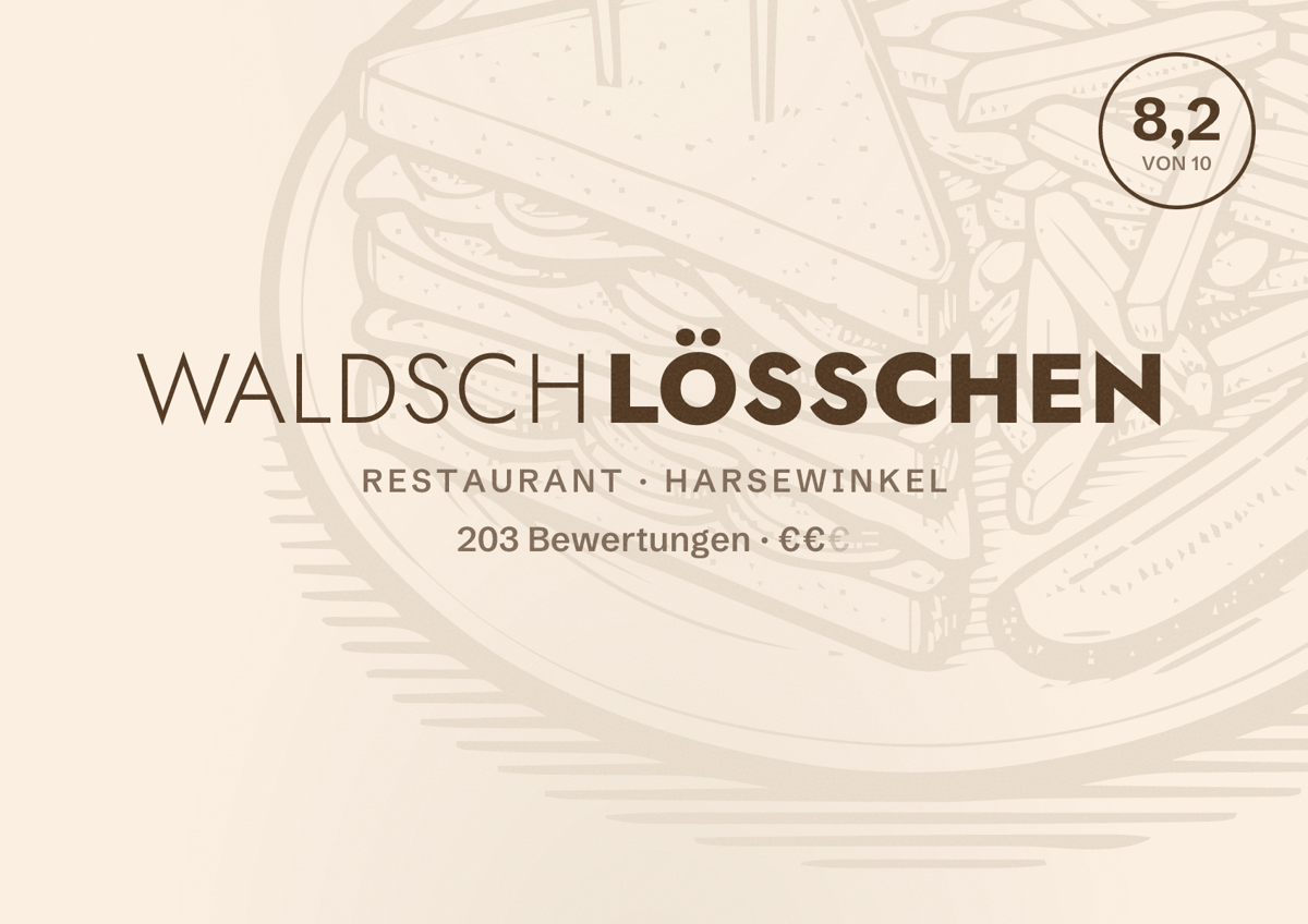 Illustriertes Poster von Waldschlößchen, Restaurant in Harsewinkel: Bewertung 8,2 von 10 aus 203 Bewertungen, Preisniveau €€