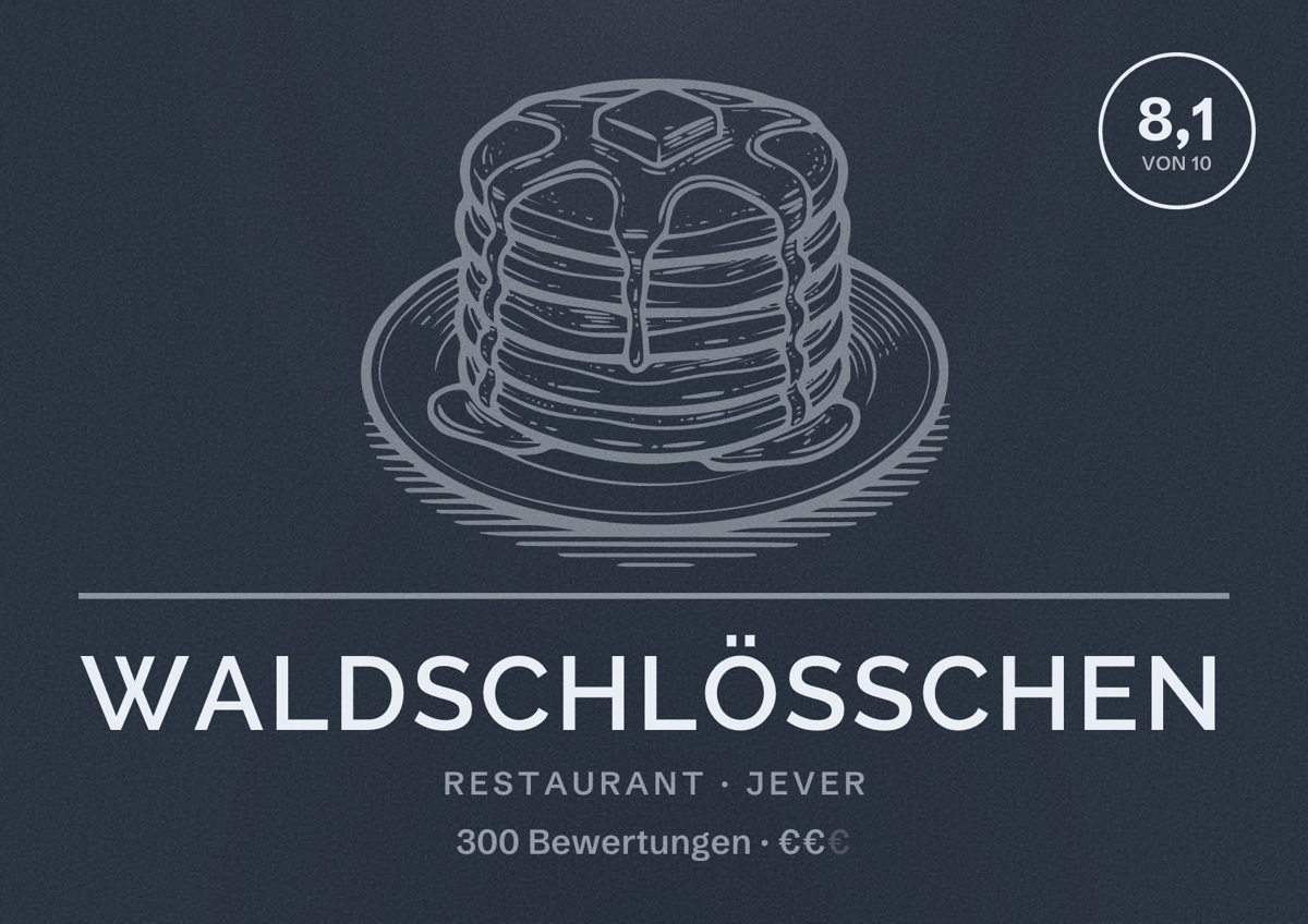 Illustriertes Poster von Waldschlösschen, Restaurant in Jever: Bewertung 8,1 von 10 aus 300 Bewertungen, Preisniveau €€
