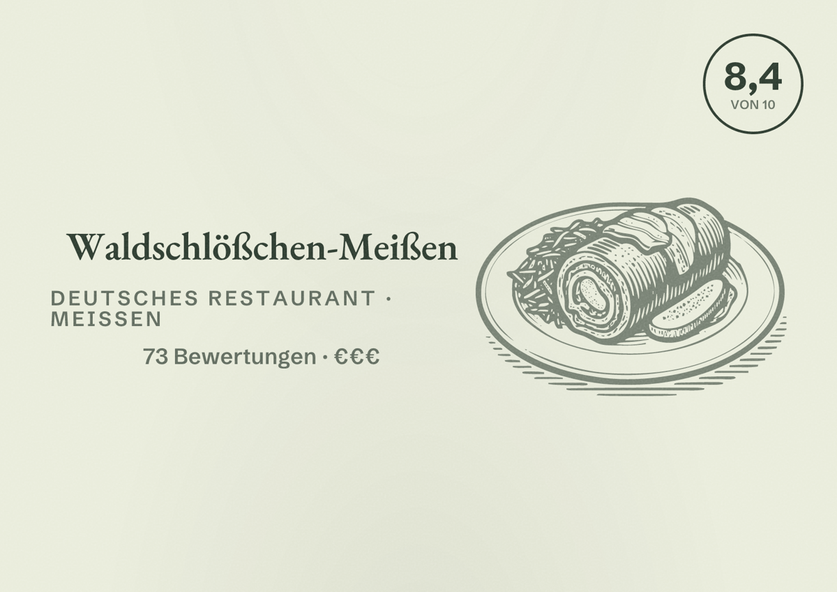 Illustriertes Poster von Waldschlößchen-Meißen, Deutsches Restaurant in Meißen: Bewertung 8,4 von 10 aus 73 Bewertungen, Preisniveau €€€