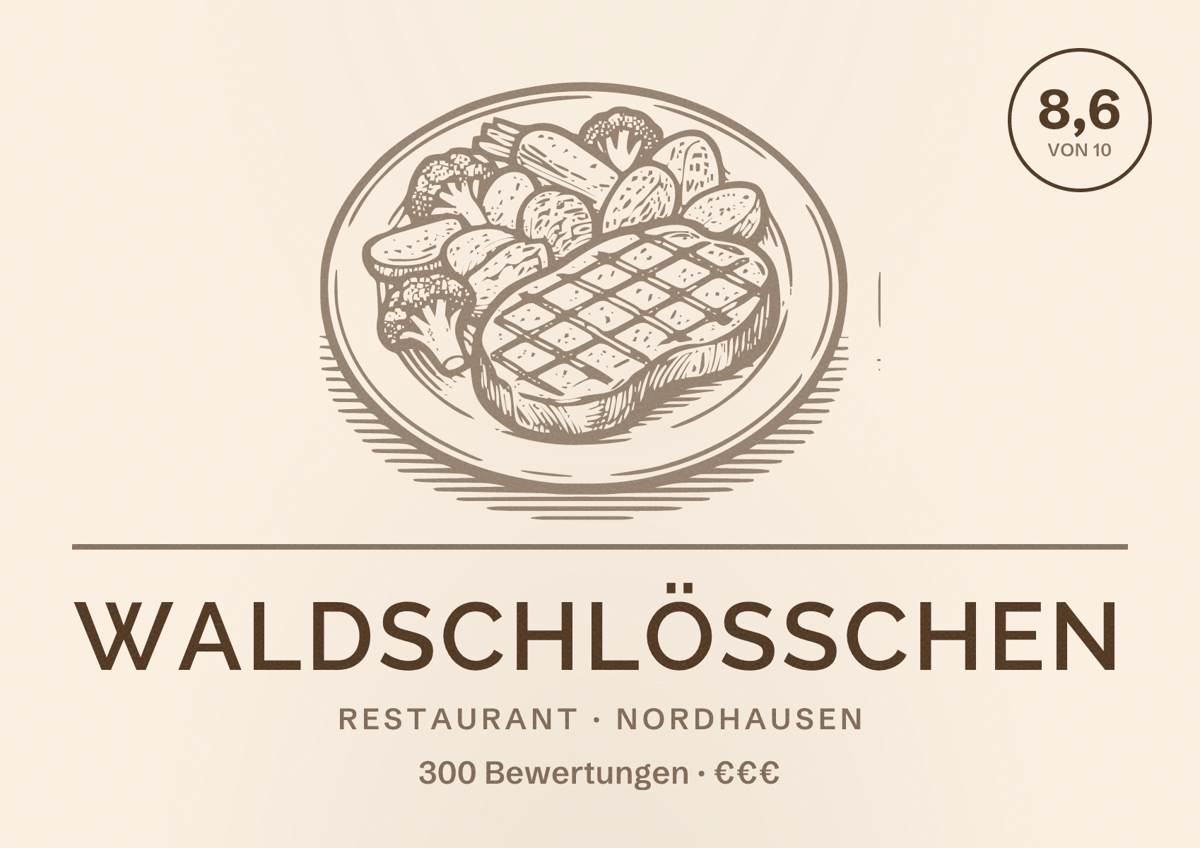 Illustriertes Poster von Waldschlösschen, Restaurant in Nordhausen: Bewertung 8,6 von 10 aus 300 Bewertungen, Preisniveau €€€