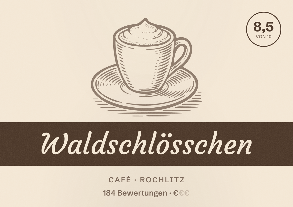Illustriertes Poster von Waldschlösschen, Café in Rochlitz: Bewertung 8,5 von 10 aus 184 Bewertungen, Preisniveau €