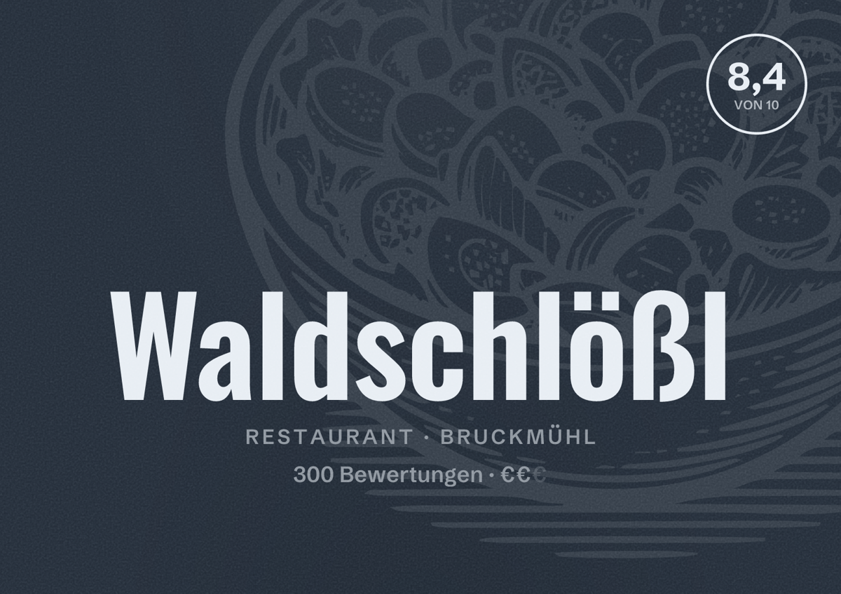 Illustriertes Poster von Waldschlößl, Restaurant in Bruckmühl: Bewertung 8,4 von 10 aus 300 Bewertungen, Preisniveau €€