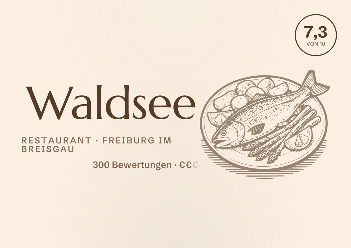 Illustriertes Poster von Waldsee, Restaurant in Freiburg im Breisgau: Bewertung 7,3 von 10 aus 300 Bewertungen, Preisniveau €€