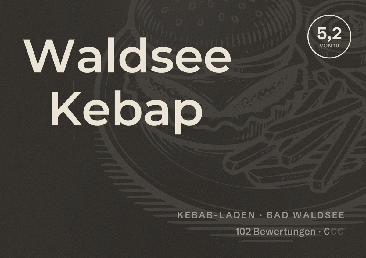 Illustriertes Poster von Waldsee Kebap, Kebab-Laden in Bad Waldsee: Bewertung 5,2 von 10 aus 102 Bewertungen, Preisniveau €