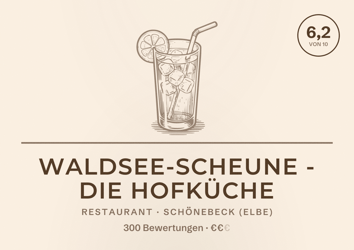 Illustriertes Poster von Waldsee-Scheune - Die Hofküche, Restaurant in Schönebeck (Elbe): Bewertung 6,2 von 10 aus 300 Bewertungen, Preisniveau €€