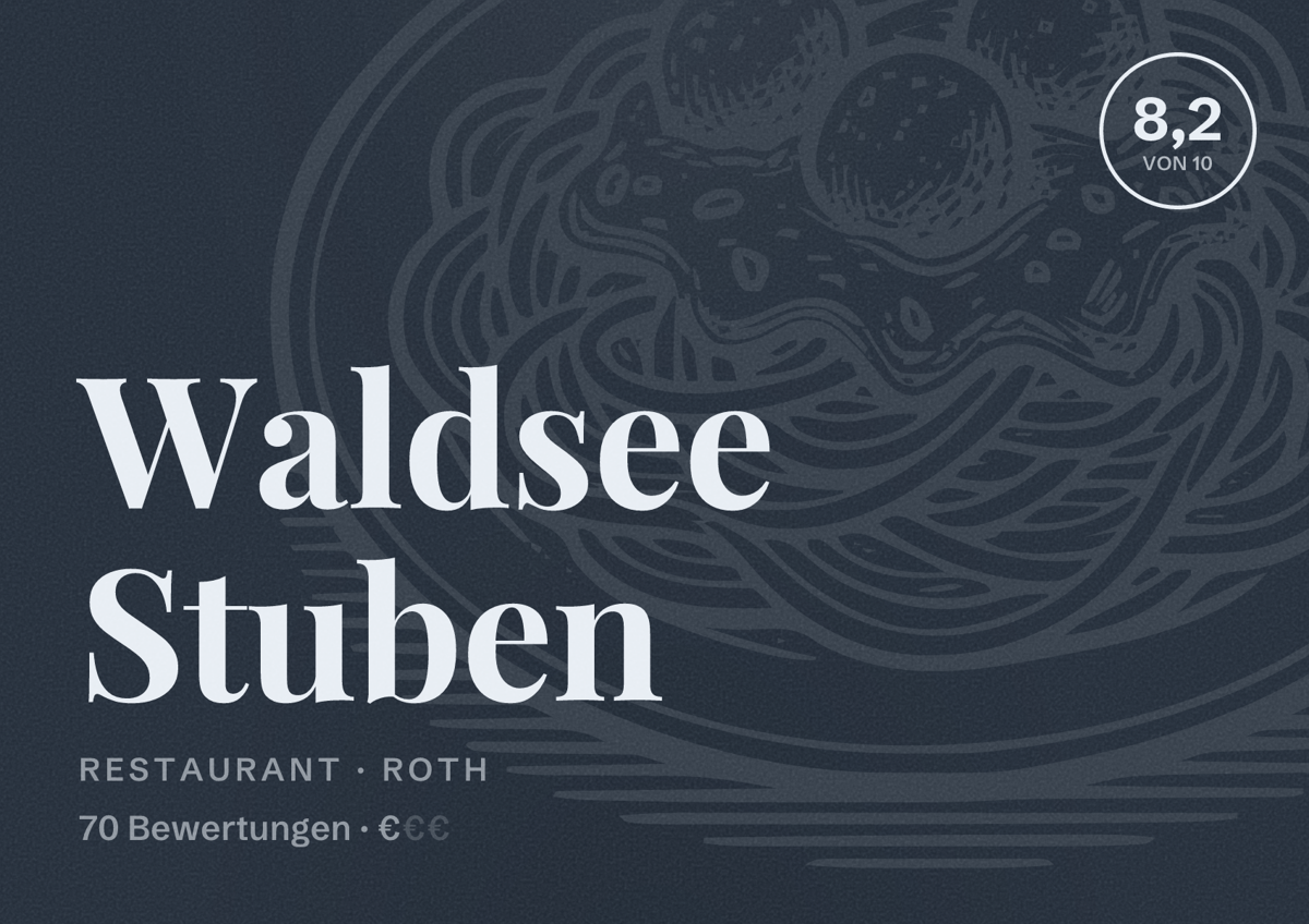Illustriertes Poster von Waldsee Stuben, Restaurant in Roth: Bewertung 8,2 von 10 aus 70 Bewertungen, Preisniveau €