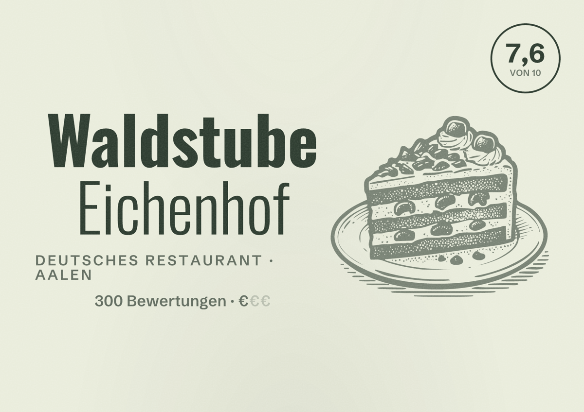 Illustriertes Poster von Waldstube Eichenhof, Deutsches Restaurant in Aalen: Bewertung 7,6 von 10 aus 300 Bewertungen, Preisniveau €