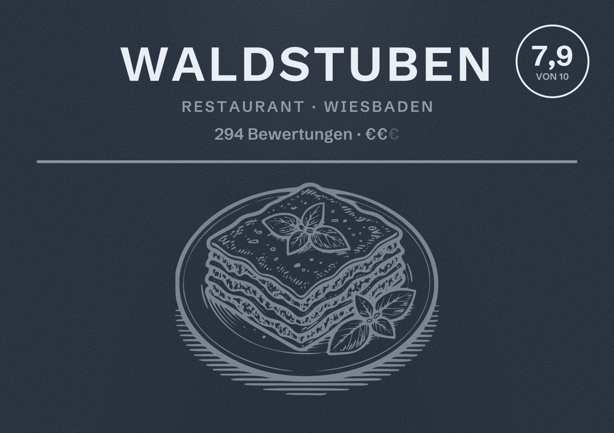 Illustriertes Poster von Waldstuben, Restaurant in Wiesbaden: Bewertung 7,9 von 10 aus 294 Bewertungen, Preisniveau €€