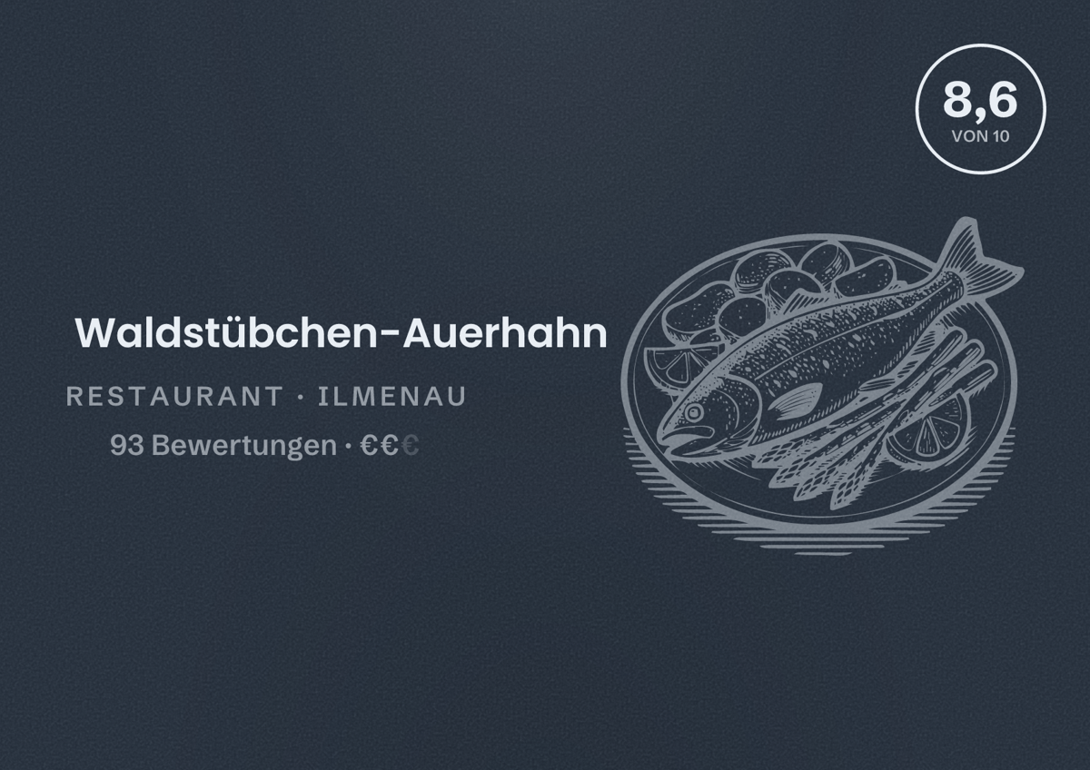 Illustriertes Poster von Waldstübchen-Auerhahn, Restaurant in Ilmenau: Bewertung 8,6 von 10 aus 93 Bewertungen, Preisniveau €€