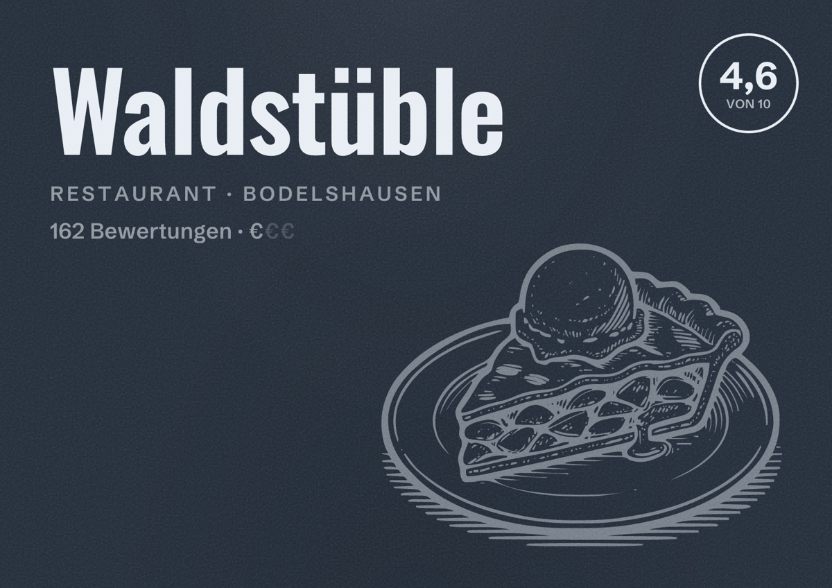 Illustriertes Poster von Waldstüble, Restaurant in Bodelshausen: Bewertung 4,6 von 10 aus 162 Bewertungen, Preisniveau €