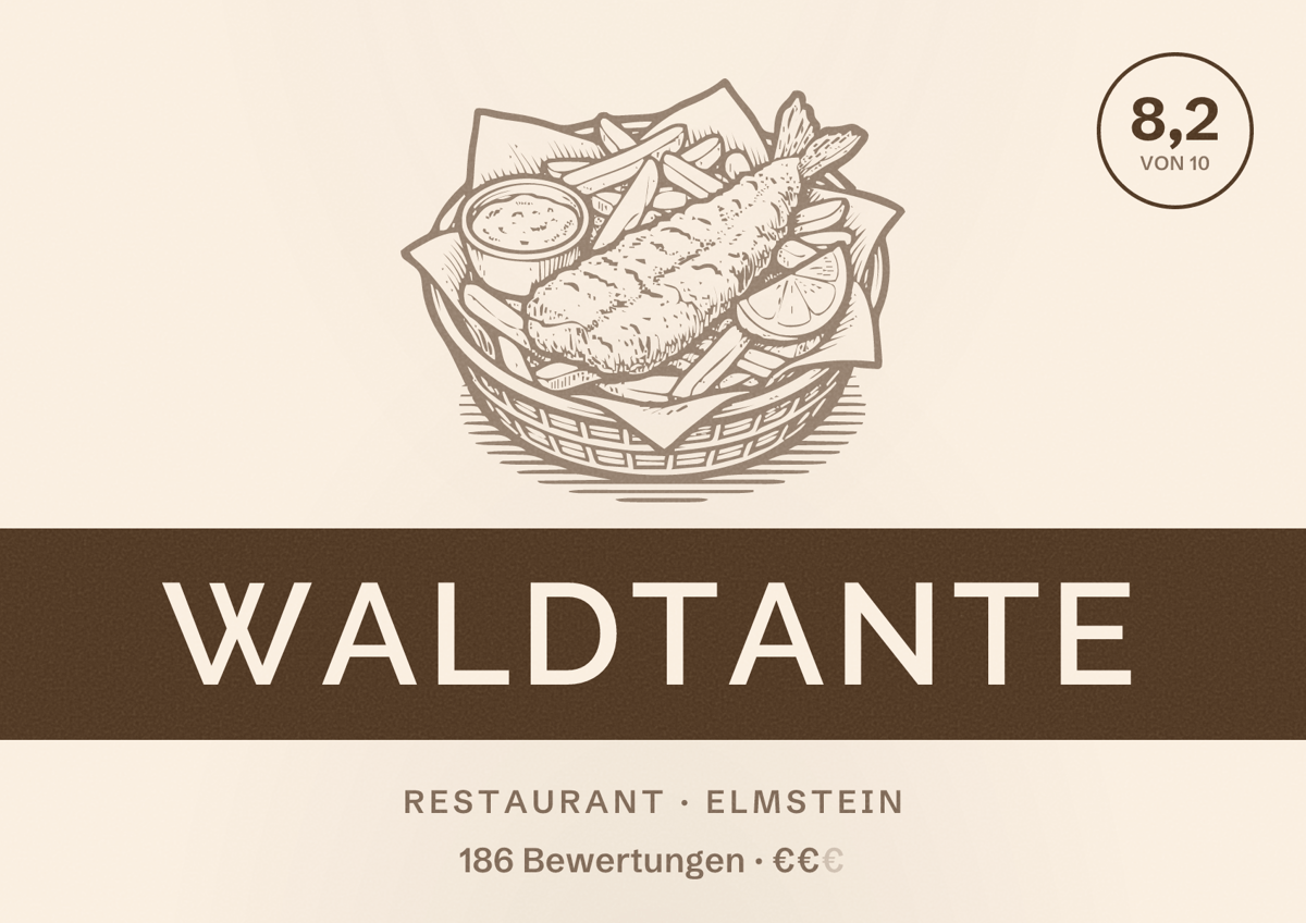 Illustriertes Poster von Waldtante, Restaurant in Elmstein: Bewertung 8,2 von 10 aus 186 Bewertungen, Preisniveau €€