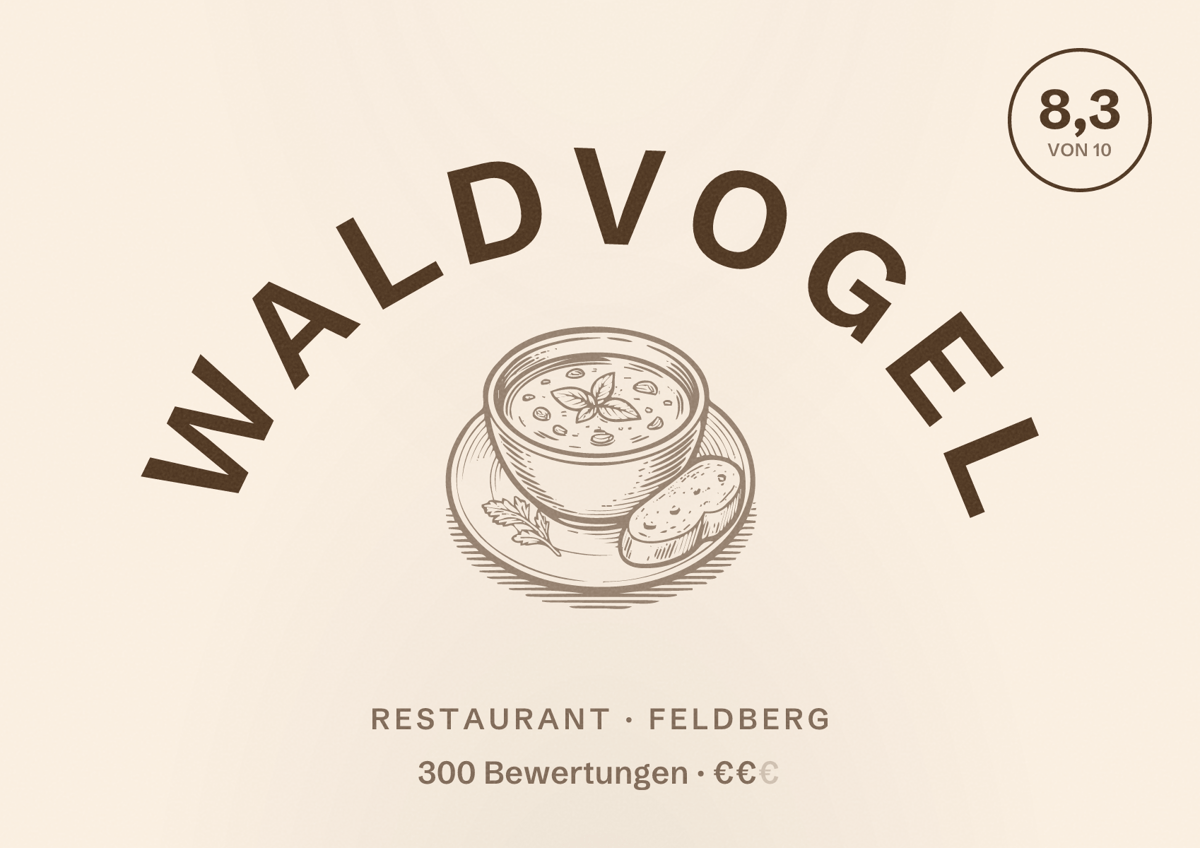 Illustriertes Poster von Waldvogel, Restaurant in Feldberg: Bewertung 8,3 von 10 aus 300 Bewertungen, Preisniveau €€