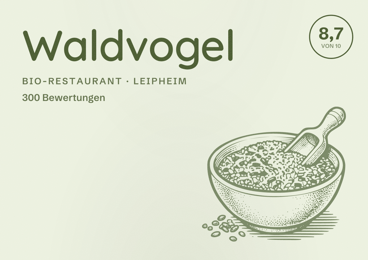 Illustriertes Poster von Waldvogel, Bio-Restaurant in Leipheim: Bewertung 8,7 von 10 aus 300 Bewertungen