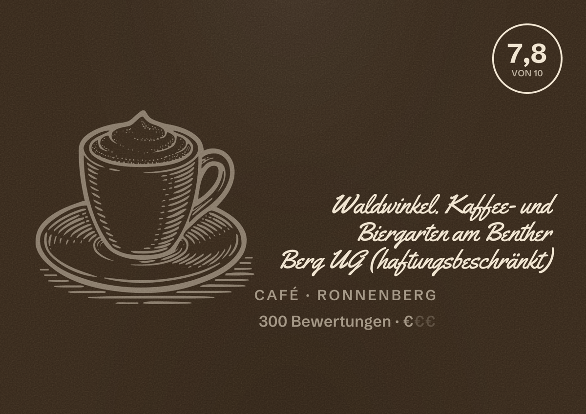 Illustriertes Poster von Waldwinkel. Kaffee- und Biergarten am Benther Berg UG (haftungsbeschränkt), Café in Ronnenberg: Bewertung 7,8 von 10 aus 300 Bewertungen, Preisniveau €