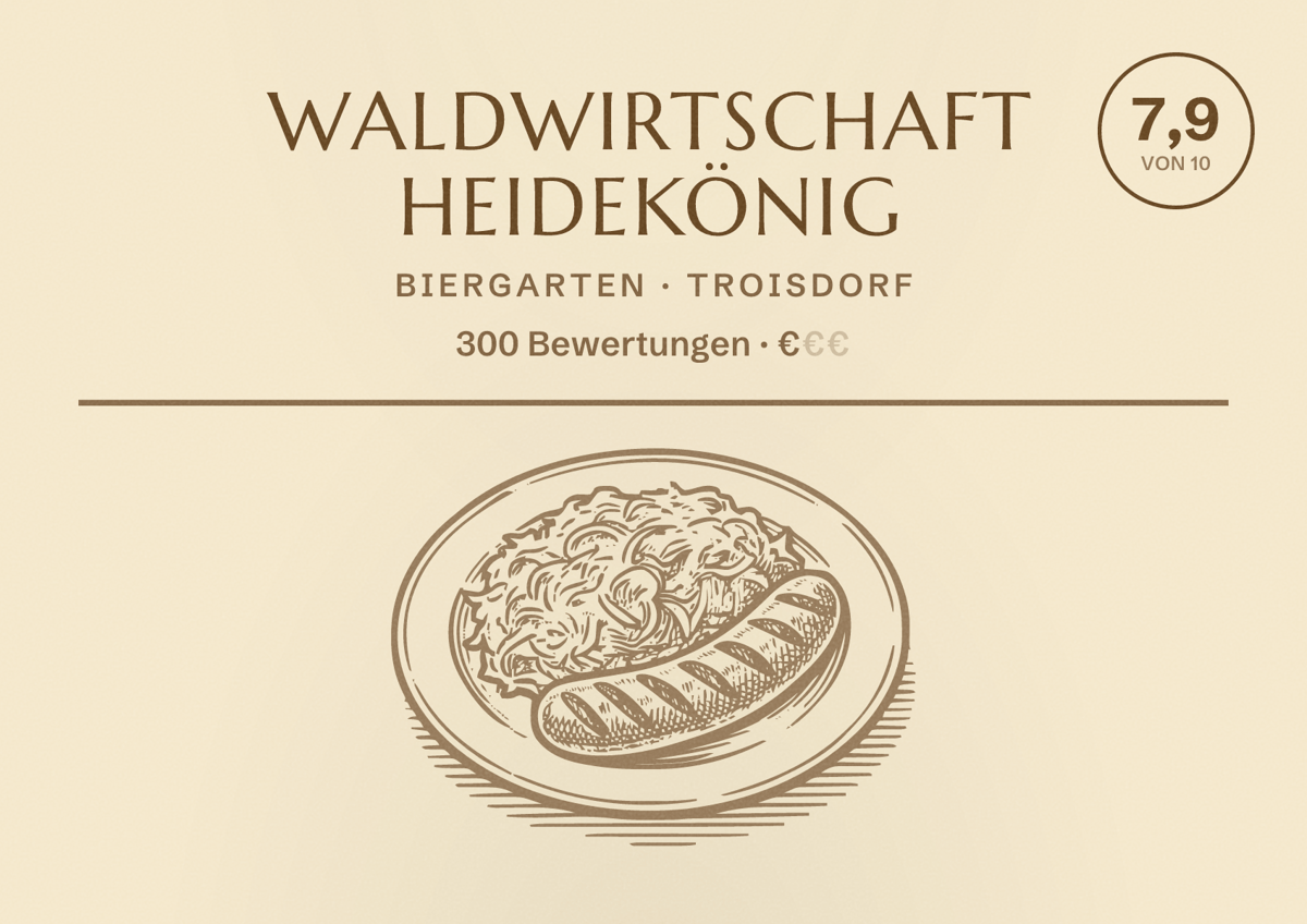 Illustriertes Poster von Waldwirtschaft Heidekönig, Biergarten in Troisdorf: Bewertung 7,9 von 10 aus 300 Bewertungen, Preisniveau €