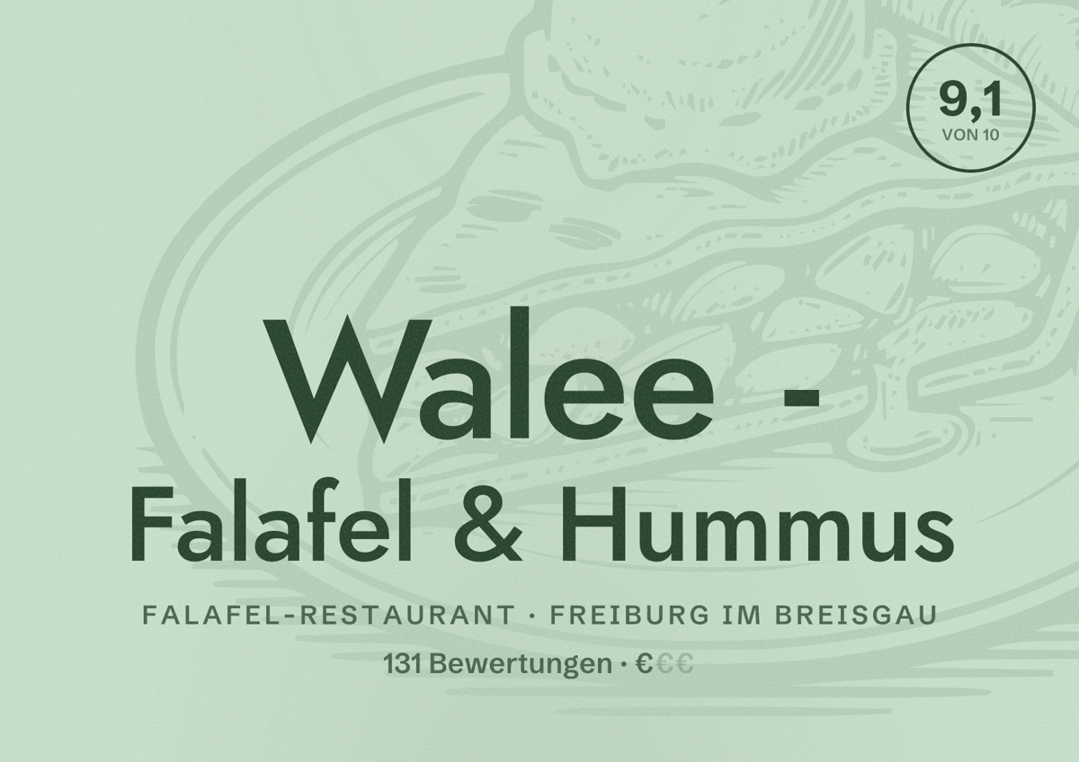 Illustriertes Poster von Walee - Falafel & Hummus, Falafel-Restaurant in Freiburg im Breisgau: Bewertung 9,1 von 10 aus 131 Bewertungen, Preisniveau €