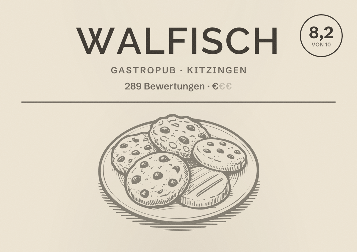 Illustriertes Poster von Walfisch, Gastropub in Kitzingen: Bewertung 8,2 von 10 aus 289 Bewertungen, Preisniveau €
