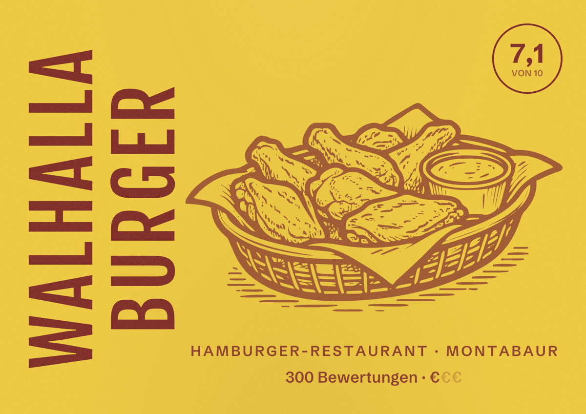 Illustriertes Poster von Walhalla Burger, Hamburger-Restaurant in Montabaur: Bewertung 7,1 von 10 aus 300 Bewertungen, Preisniveau €