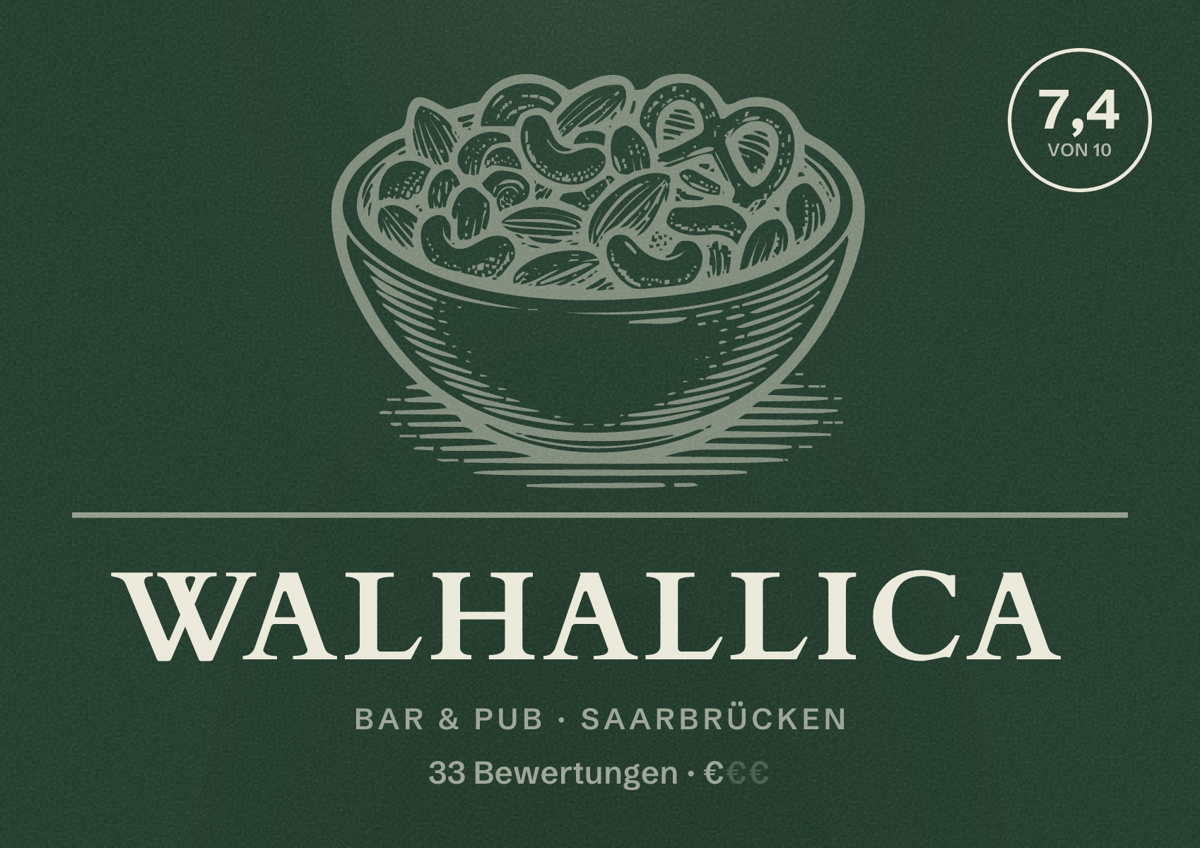 Illustriertes Poster von Walhallica, Bar & Pub in Saarbrücken: Bewertung 7,4 von 10 aus 33 Bewertungen, Preisniveau €
