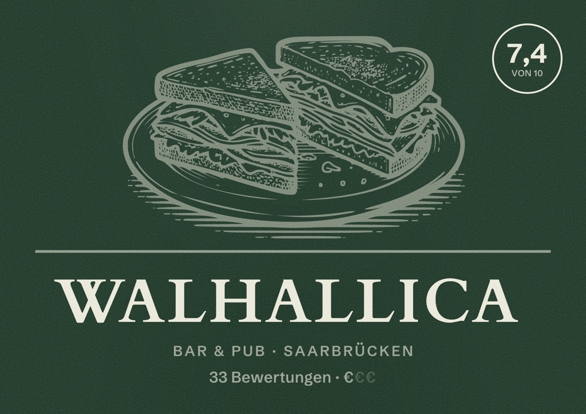 Illustriertes Poster von Walhallica, Bar & Pub in Saarbrücken: Bewertung 7,4 von 10 aus 33 Bewertungen, Preisniveau €