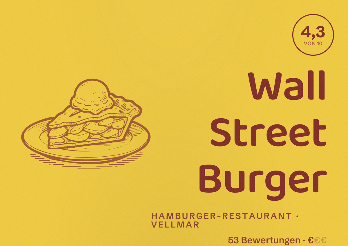 Illustriertes Poster von Wall Street Burger, Hamburger-Restaurant in Vellmar: Bewertung 4,3 von 10 aus 53 Bewertungen, Preisniveau €