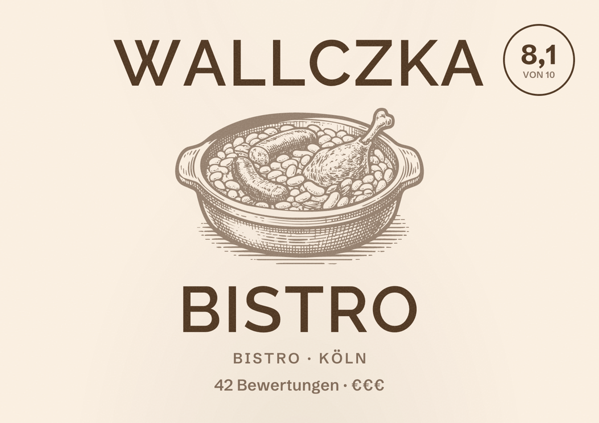 Illustriertes Poster von Wallczka Bistro, Bistro in Köln: Bewertung 8,1 von 10 aus 42 Bewertungen, Preisniveau €€€