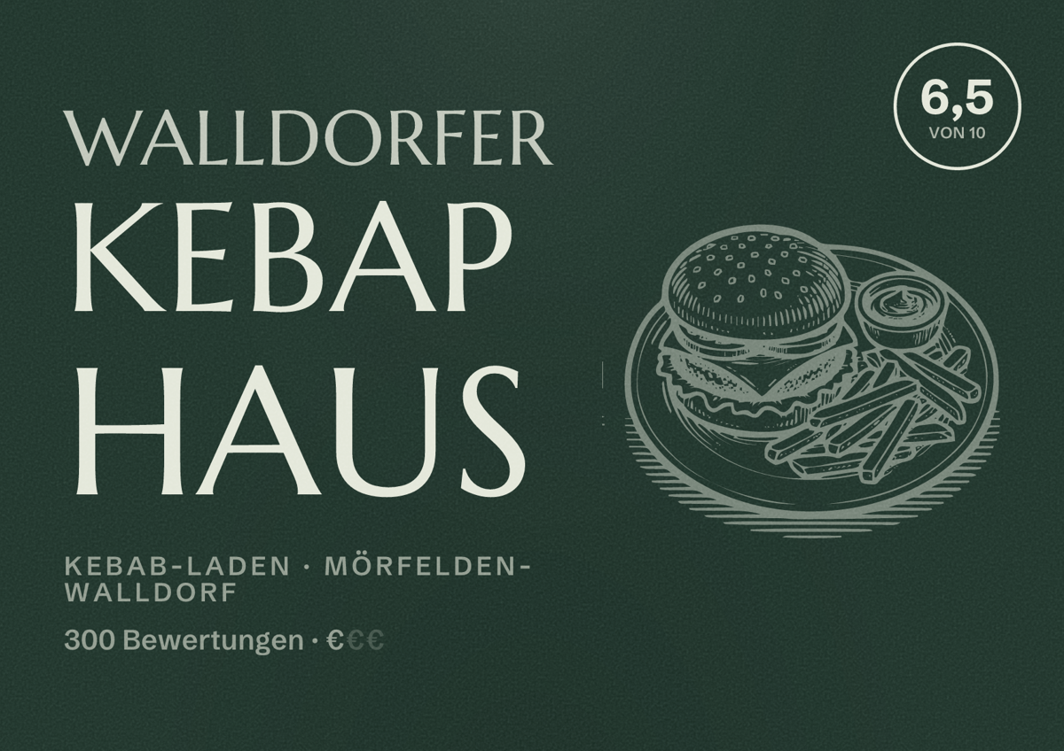 Illustriertes Poster von Walldorfer Kebap Haus, Kebab-Laden in Mörfelden-Walldorf: Bewertung 6,5 von 10 aus 300 Bewertungen, Preisniveau €