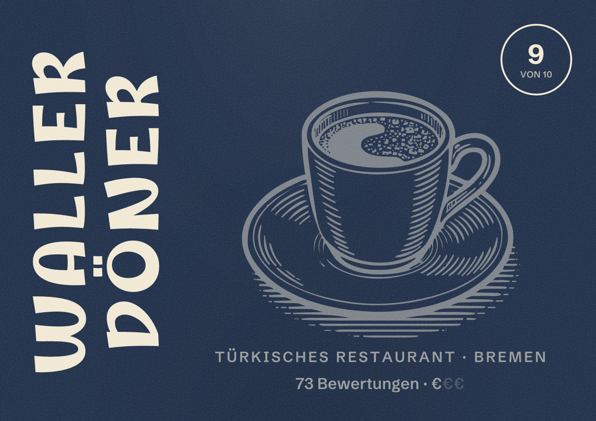 Illustriertes Poster von Waller Döner, Türkisches Restaurant in Bremen: Bewertung 9 von 10 aus 73 Bewertungen, Preisniveau €