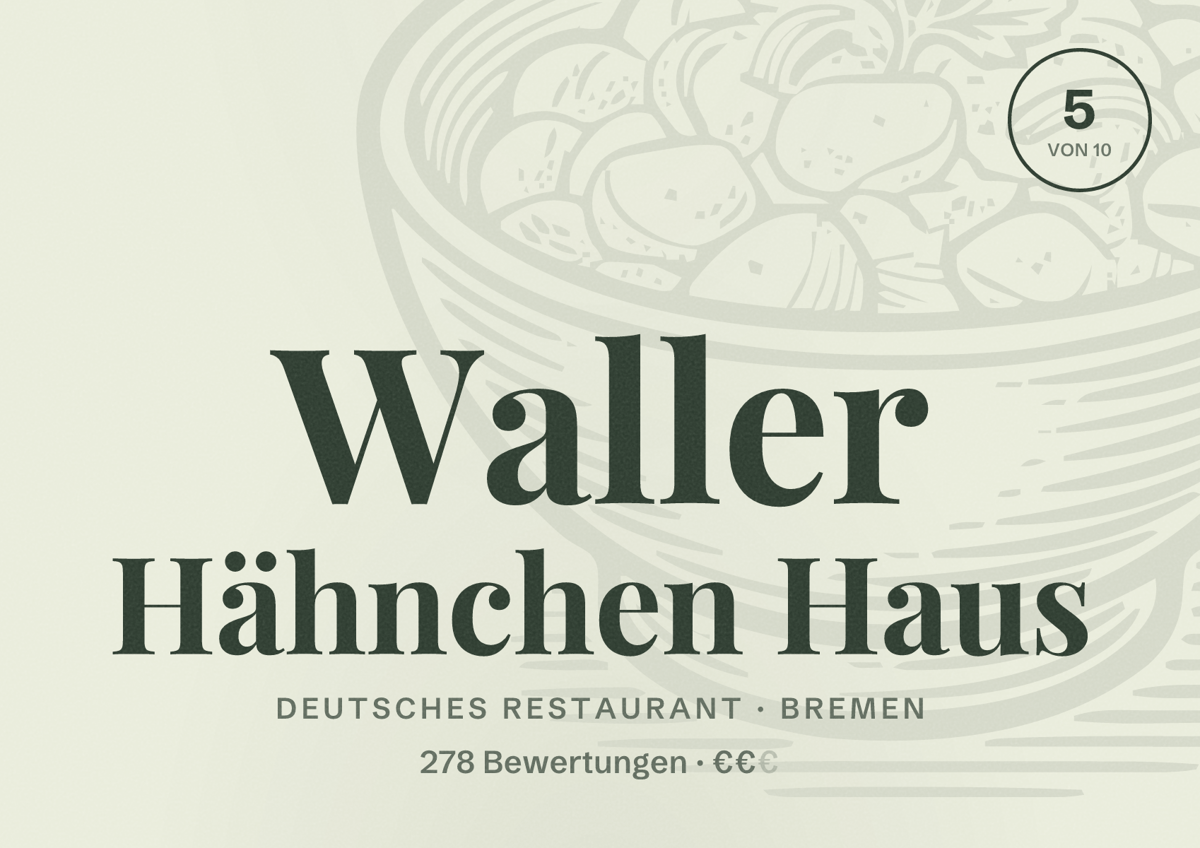 Illustriertes Poster von Waller Hähnchen Haus, Deutsches Restaurant in Bremen: Bewertung 5 von 10 aus 278 Bewertungen, Preisniveau €€