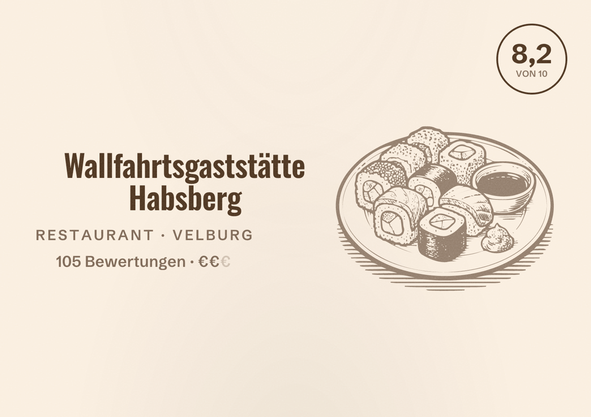 Illustriertes Poster von Wallfahrtsgaststätte Habsberg, Restaurant in Velburg: Bewertung 8,2 von 10 aus 105 Bewertungen, Preisniveau €€