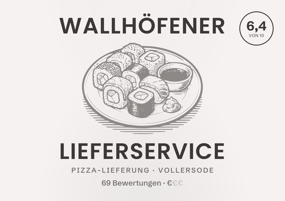 Illustriertes Poster von Wallhöfener Lieferservice, Pizza-Lieferung in Vollersode: Bewertung 6,4 von 10 aus 69 Bewertungen, Preisniveau €