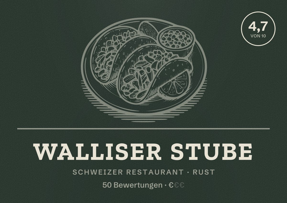 Illustriertes Poster von Walliser Stube, Schweizer Restaurant in Rust: Bewertung 4,7 von 10 aus 50 Bewertungen, Preisniveau €