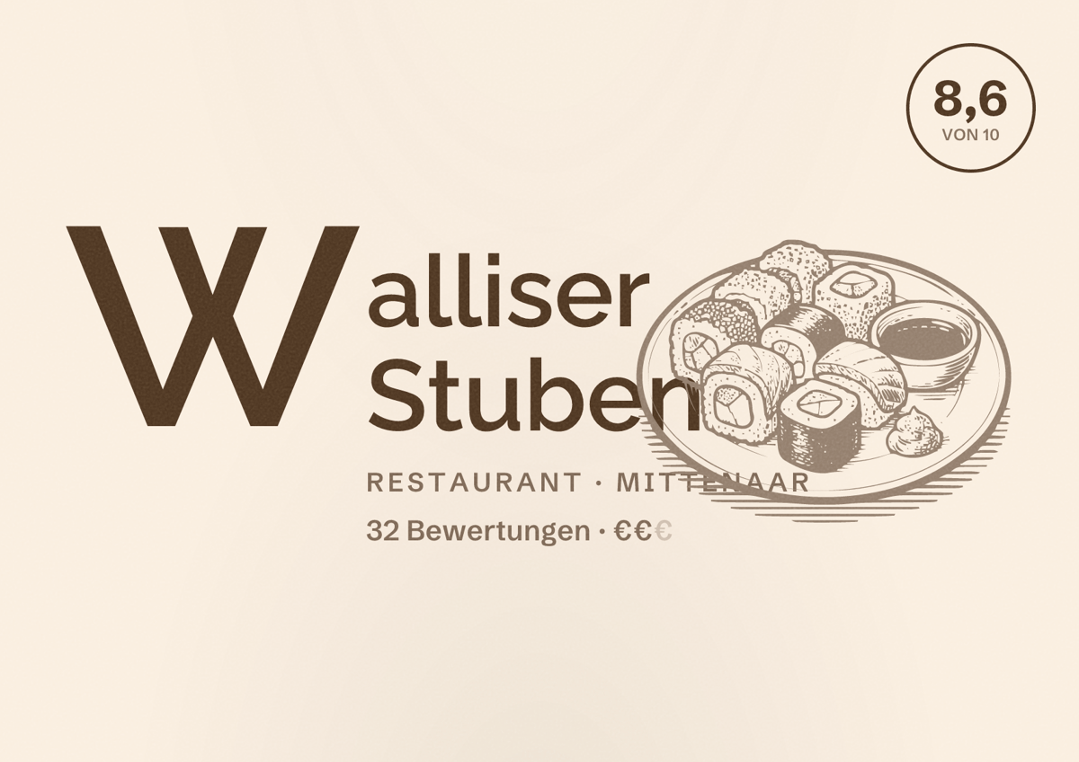 Illustriertes Poster von Walliser Stuben, Restaurant in Mittenaar: Bewertung 8,6 von 10 aus 32 Bewertungen, Preisniveau €€