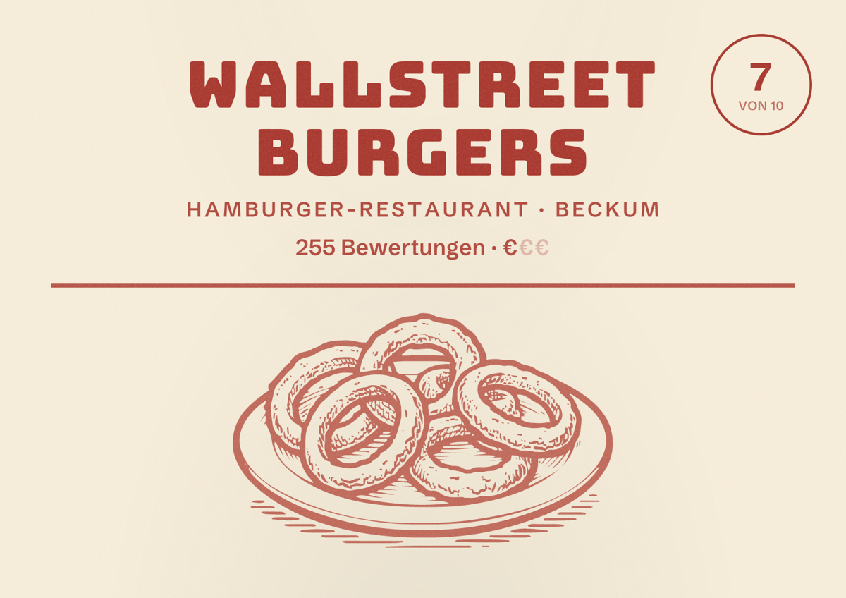 Illustriertes Poster von WallStreet Burgers, Hamburger-Restaurant in Beckum: Bewertung 7 von 10 aus 255 Bewertungen, Preisniveau €