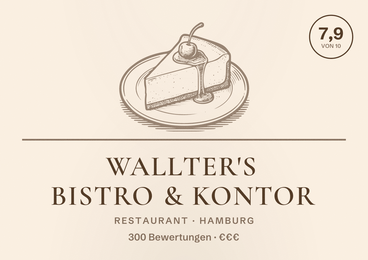 Illustriertes Poster von Wallter's Bistro & Kontor, Restaurant in Hamburg: Bewertung 7,9 von 10 aus 300 Bewertungen, Preisniveau €€€